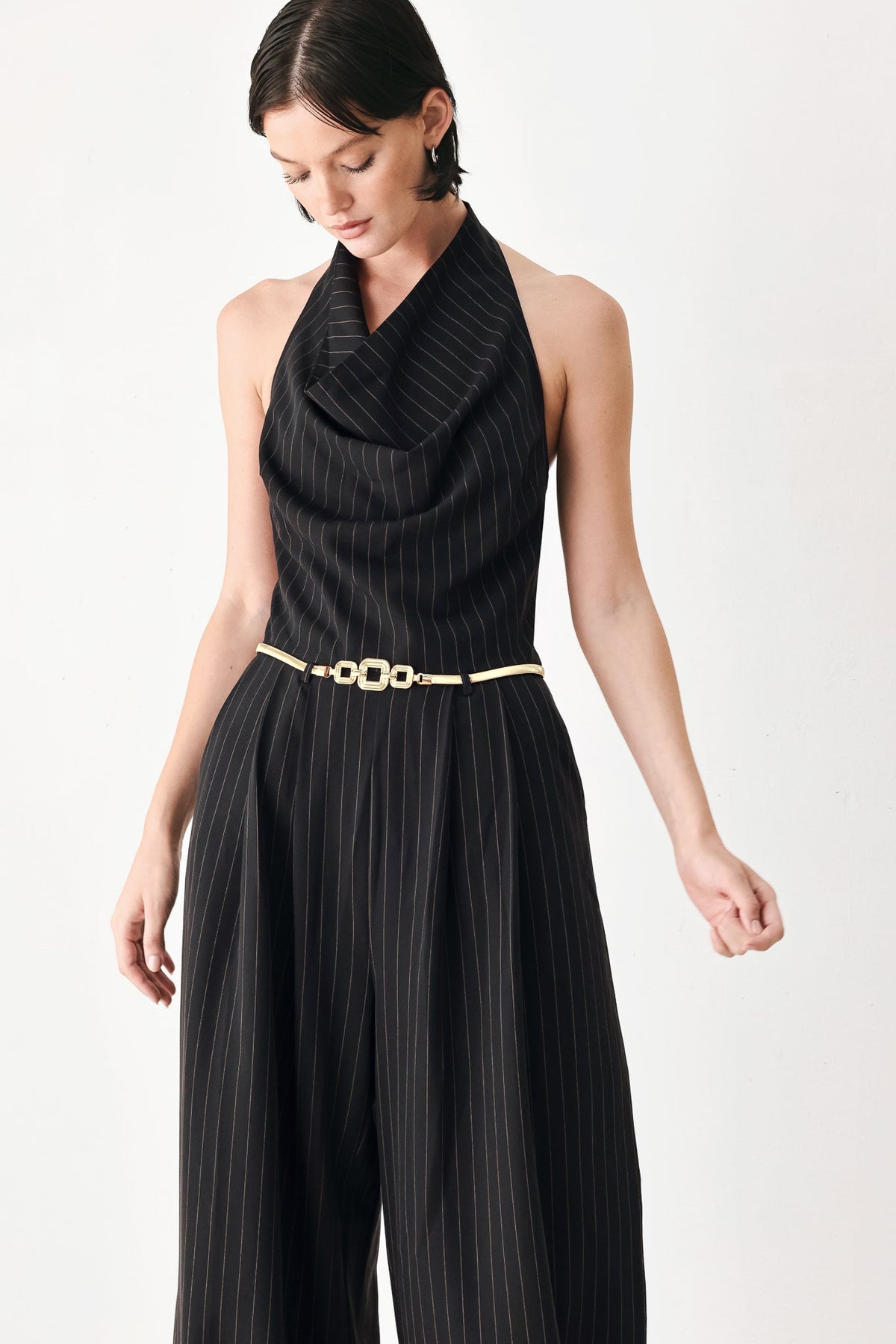 MIDNIGHT POISE BLACK HALTER BELTED WIDE-LEG JUMPSUIT