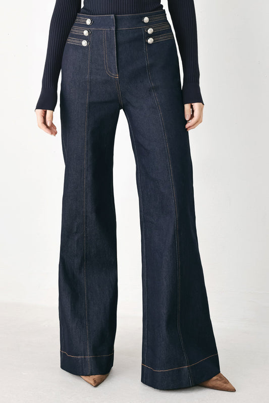 INDIGO IMPRESSION BUTTON DETAIL FLARE JEANS