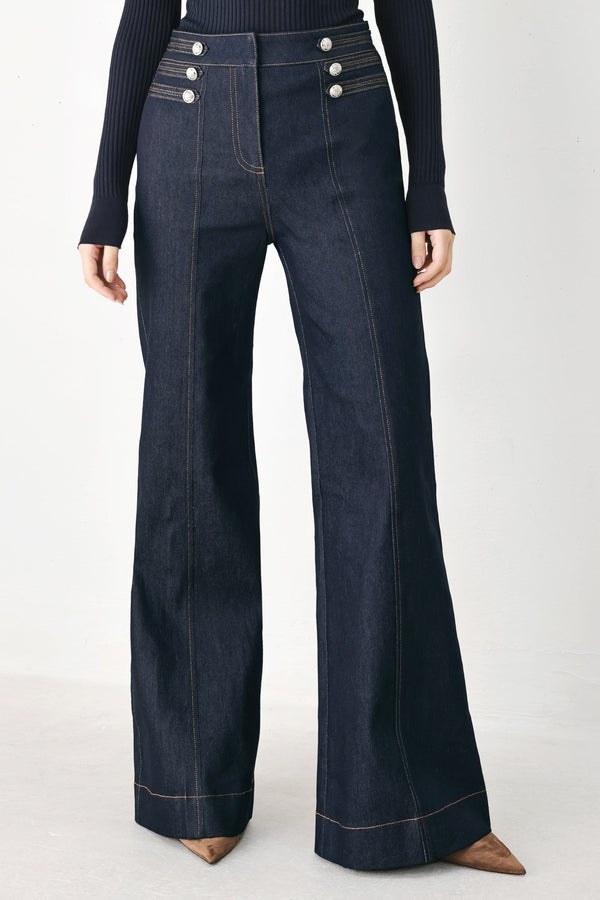 INDIGO IMPRESSION BUTTON DETAIL FLARE JEANS