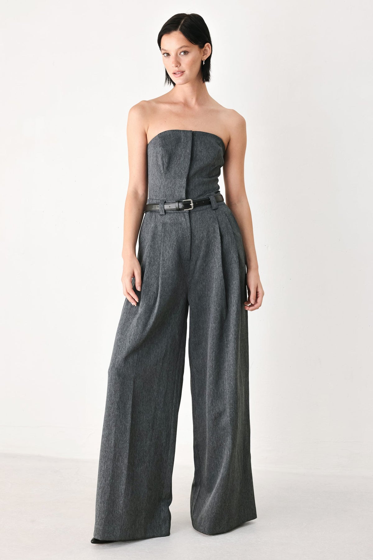 POWER HOUR STRAPLESS BELTED JUMPSUIT