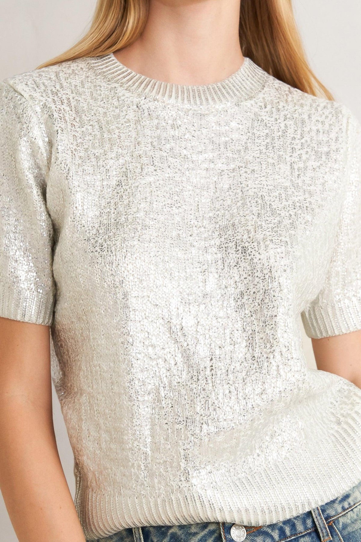 MOONLIT SHIMMER SILVER FOIL SHORT-SLEEVE SWEATER TOP