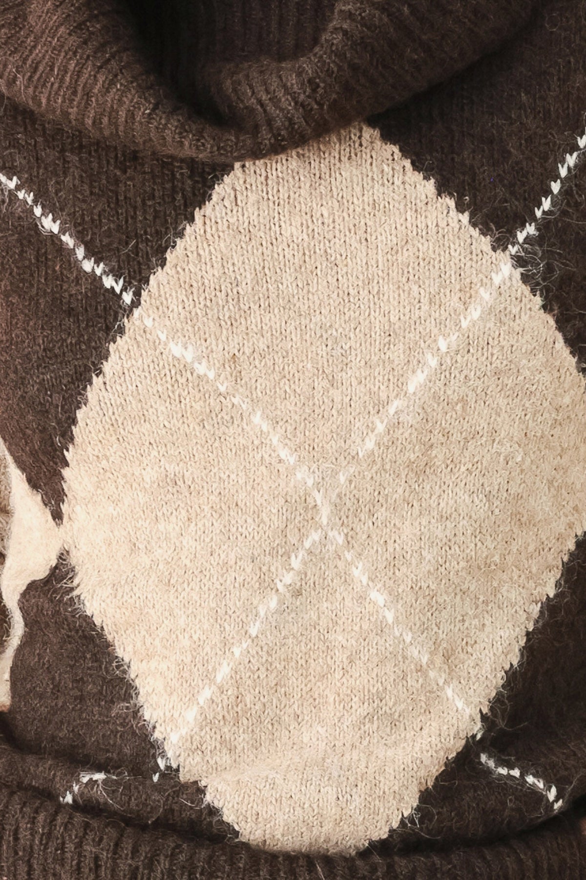 COZY MOMENTS BROWN ARGYLE COWL NECK SWEATER