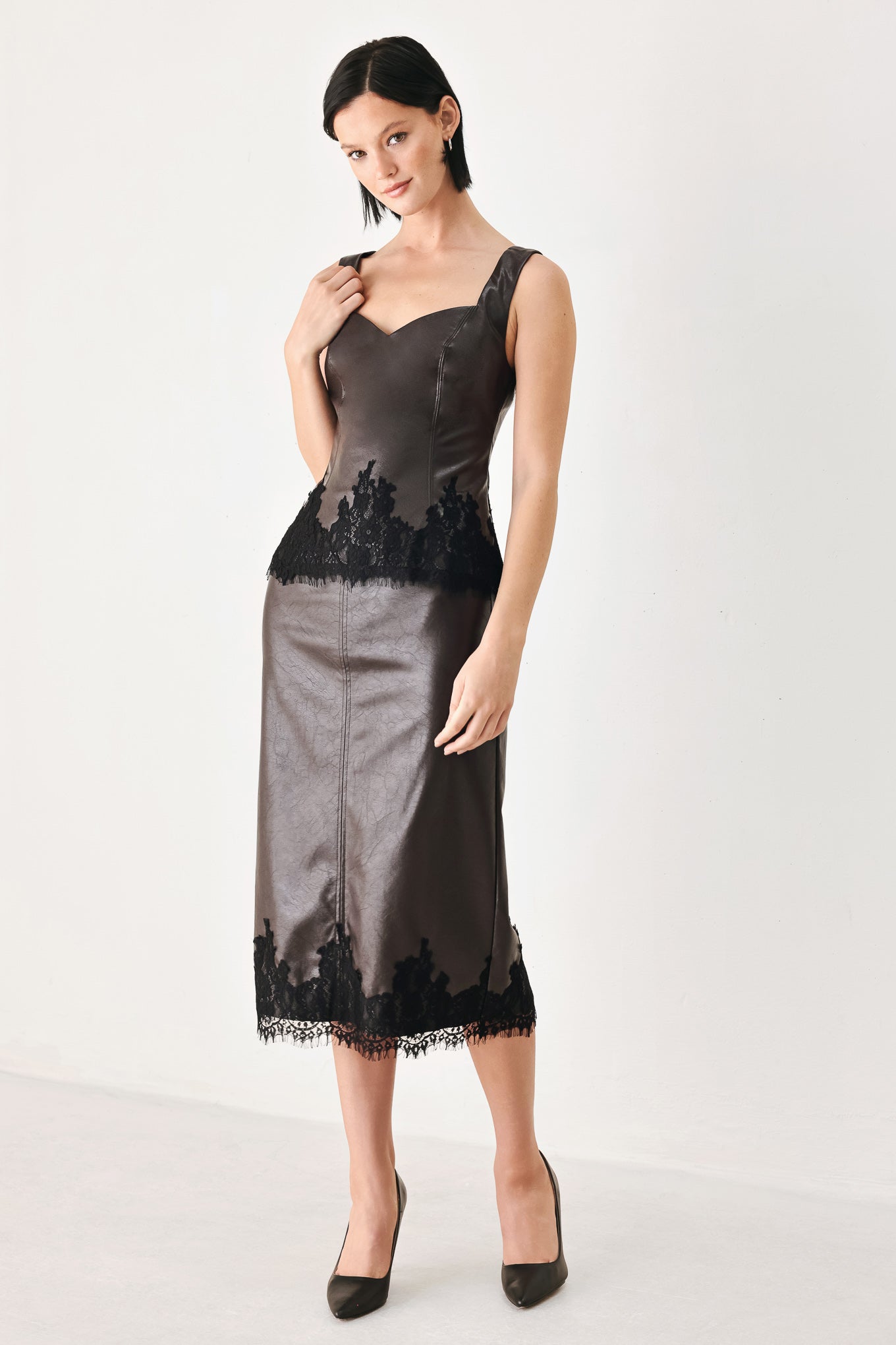 LACE AFTER DARK SWEETHEART FAUX LEATHER TOP