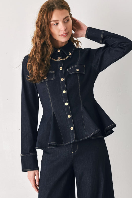 INDIGO ICON DARK INDIGO CHAIN-DETAIL PEPLUM DENIM TOP