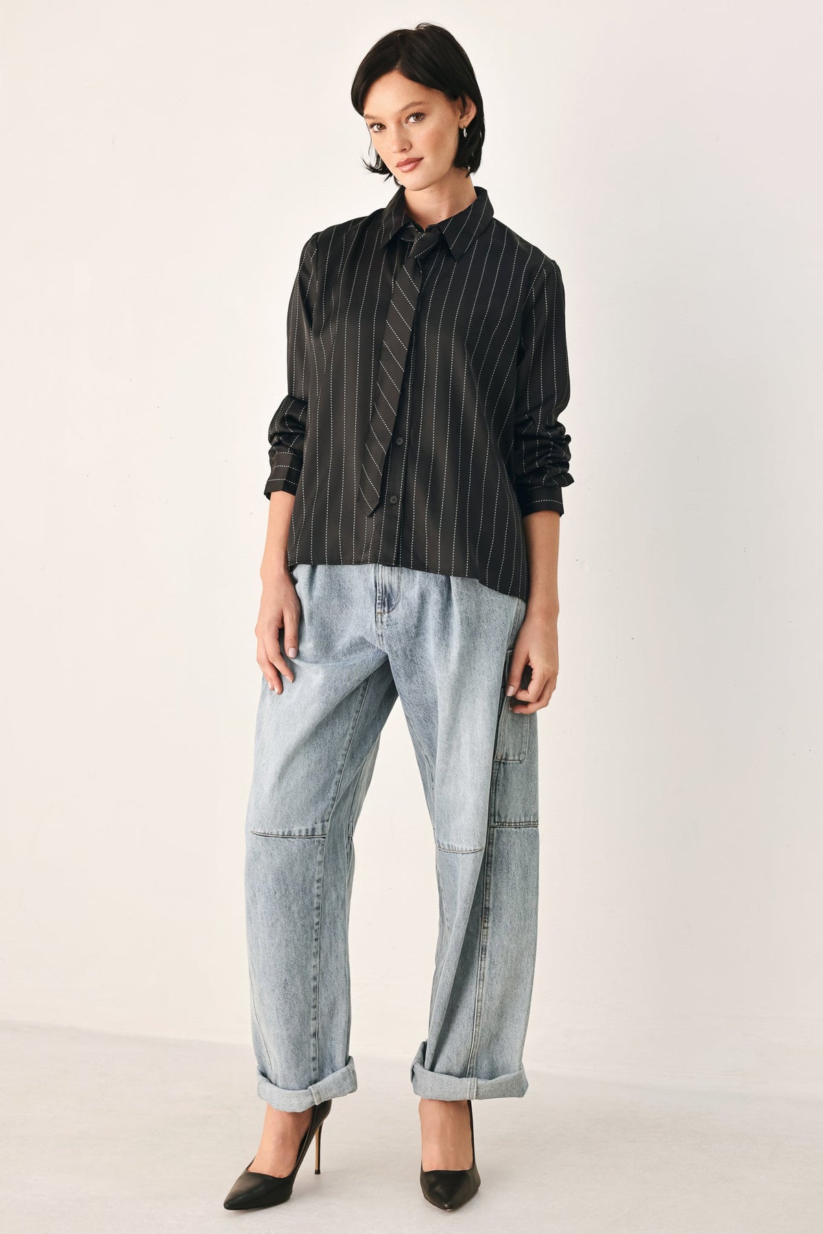 CITY AFTER DARK TIE FRONT STRIPED TOP