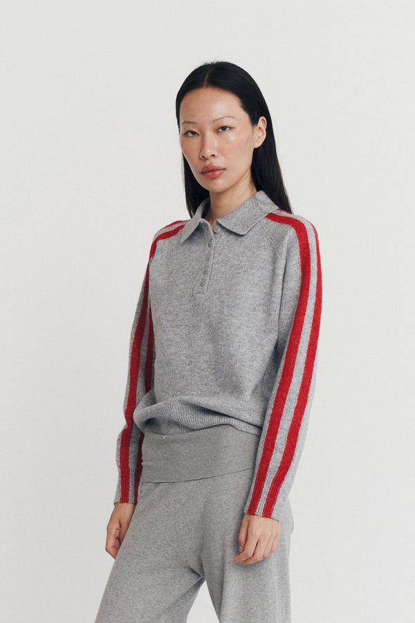 RAGLAN STRIPE KNIT POLO IN CHARCOAL AND SCARLET