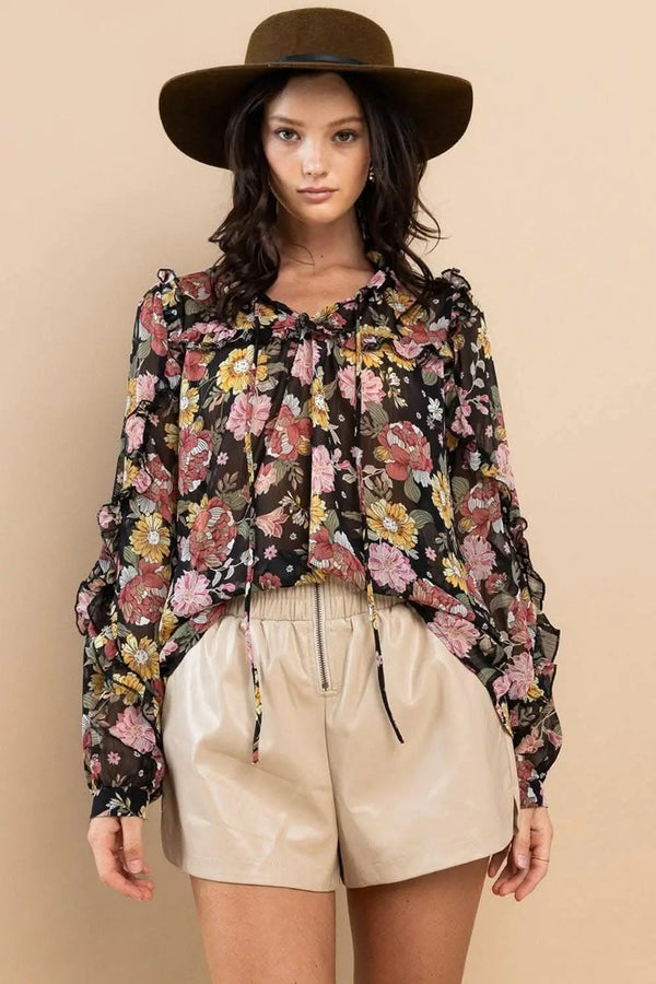 Trendsi Floral Blouse Women's Elegant Ruffle Long Sleeve Top - Feminine Fit