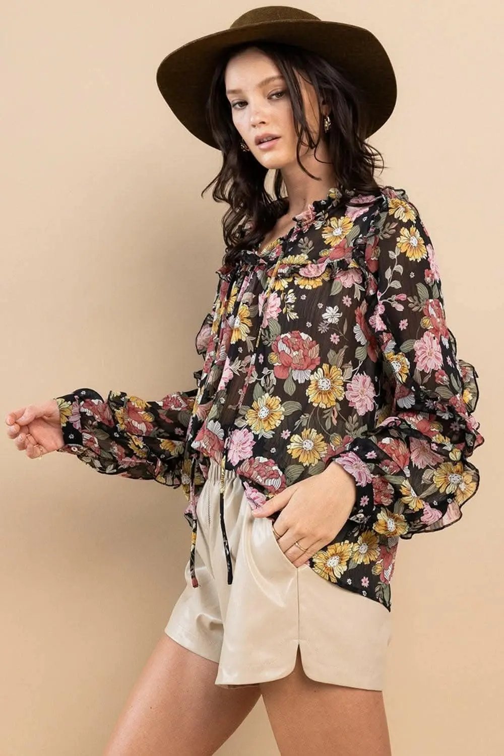 Trendsi Floral Blouse Women's Elegant Ruffle Long Sleeve Top - Feminine Fit