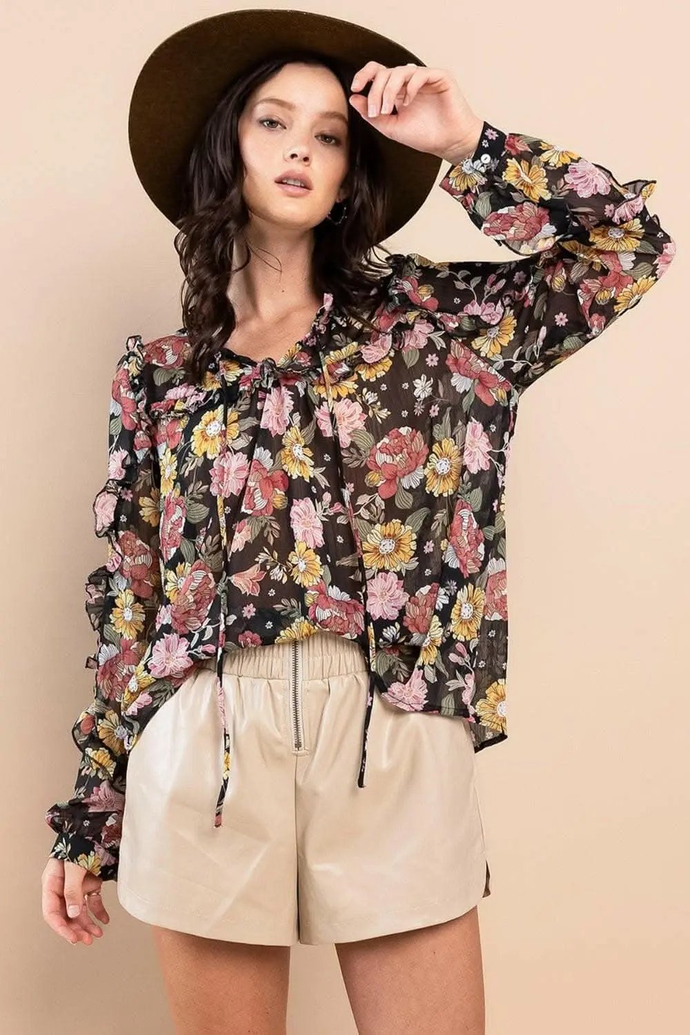 Trendsi Floral Blouse Women's Elegant Ruffle Long Sleeve Top - Feminine Fit