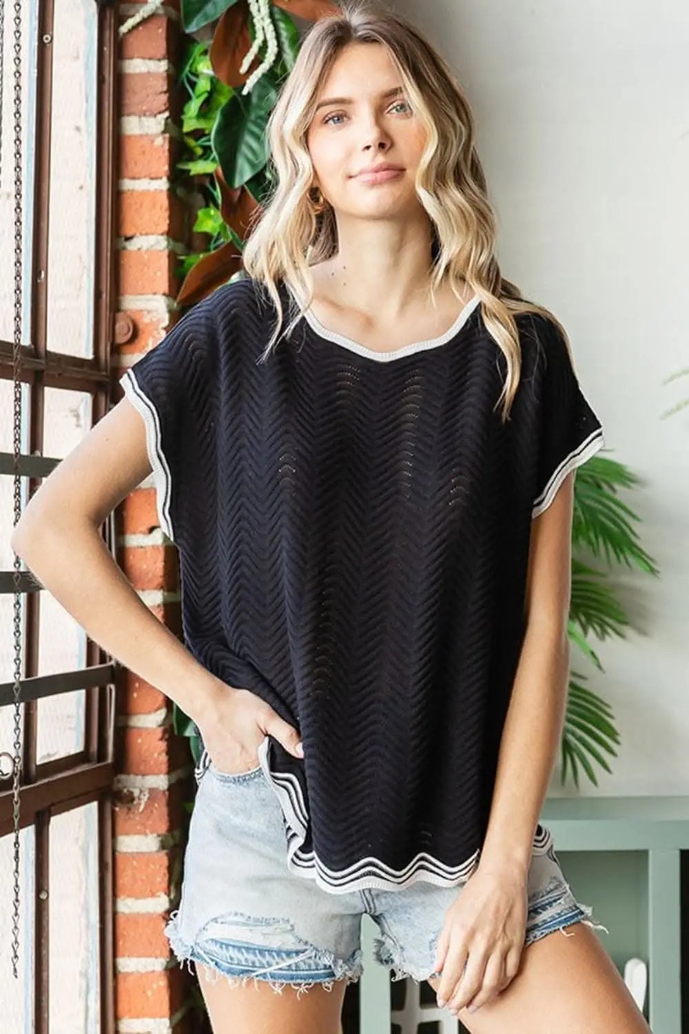 Trendsi Crochet Knit Top Women's Casual Wavy Drop Shoulder USA Shipped