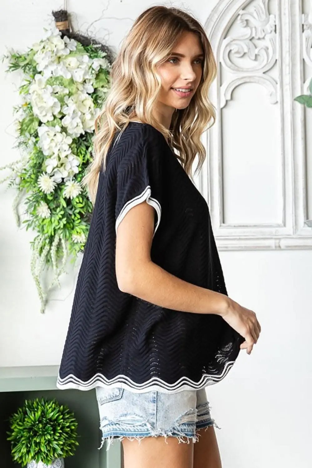 Trendsi Crochet Knit Top Women's Casual Wavy Drop Shoulder USA Shipped