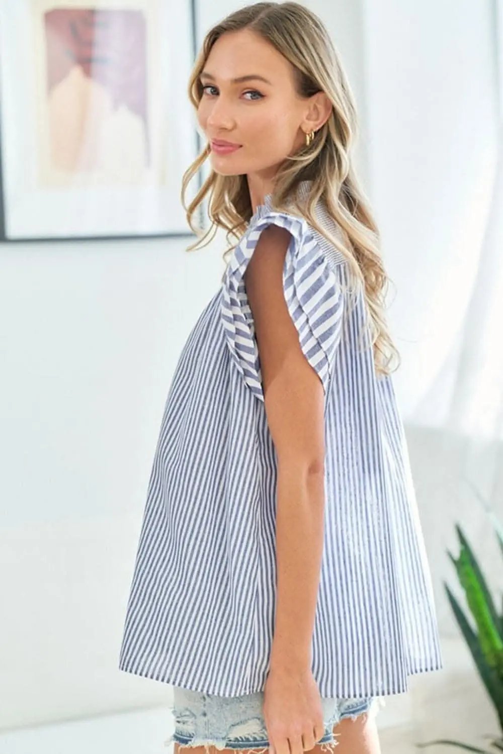 Blouse - Striped Flutter Sleeve - Casual Lightweight Top