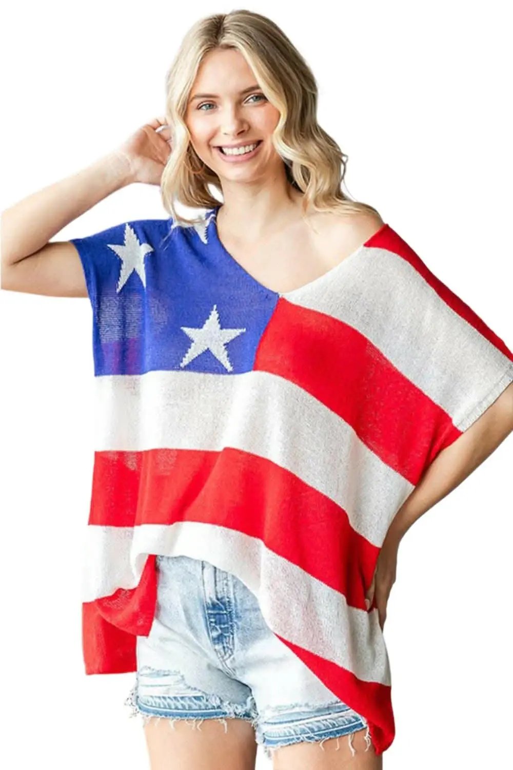 Trendsi USA Flag Knit Top Women's Casual Oversized Tee - Soft & Comfy