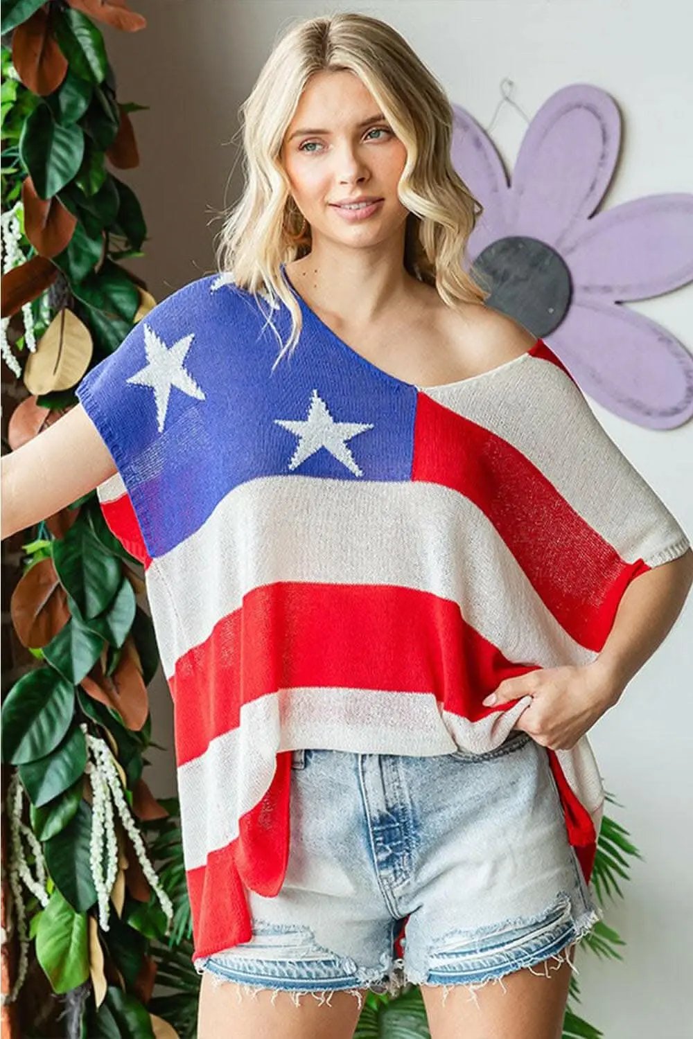 Trendsi USA Flag Knit Top Women's Casual Oversized Tee - Soft & Comfy