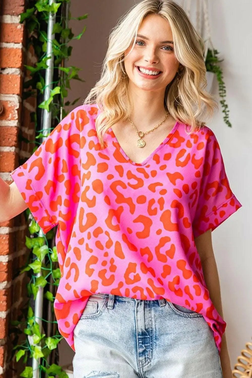 Trendsi First Love Leopard V-Neck Short Sleeve Woven Top