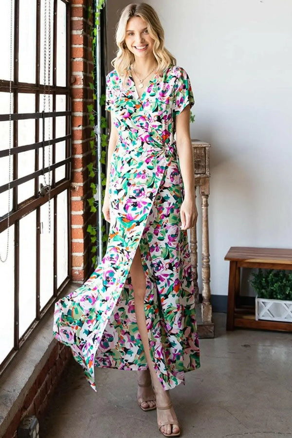 Trendsi First Love Slit Printed Surplice Tie Waist Short S