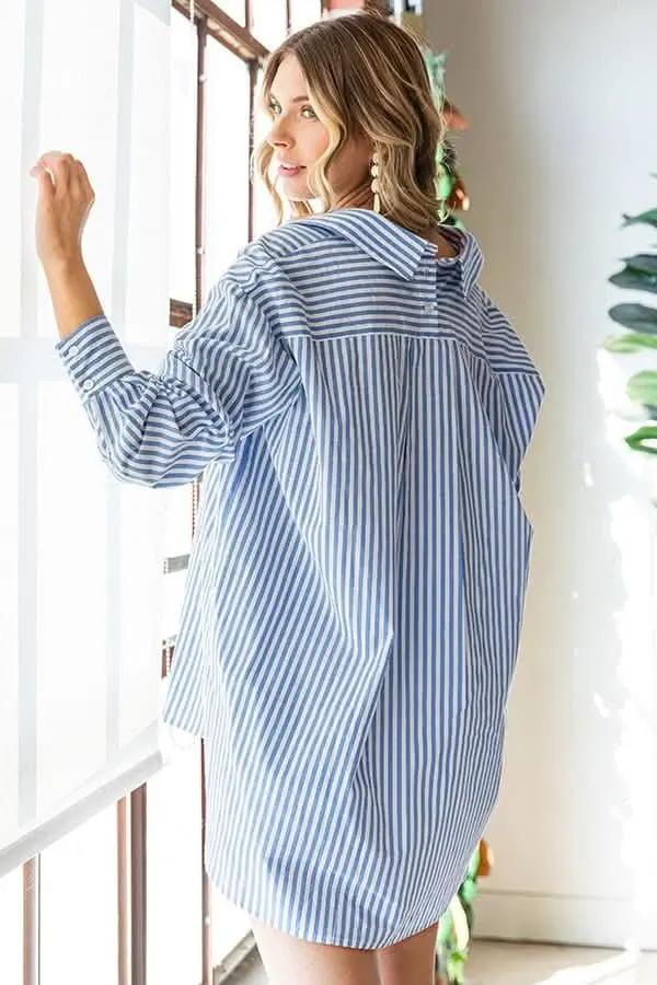 Trendsi Striped Button Down Women's High-Low Shirt - Casual, Trendy