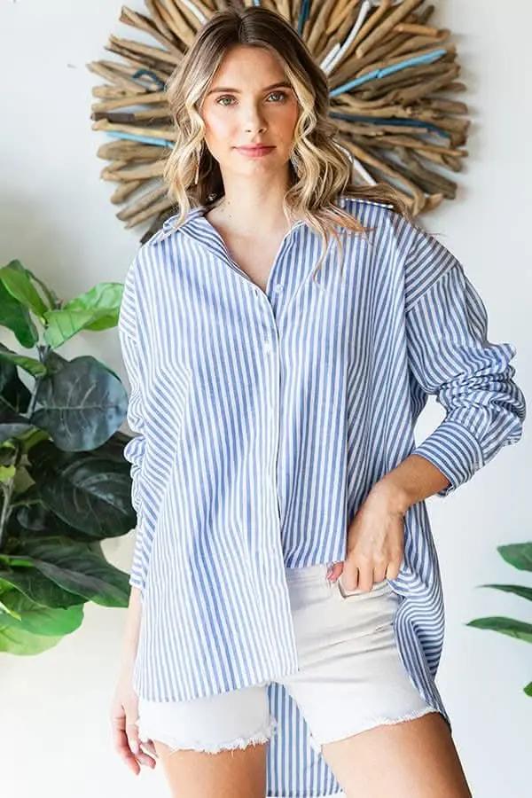 Trendsi Striped Button Down Women's High-Low Shirt - Casual, Trendy
