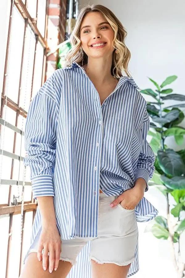 Trendsi Striped Button Down Women's High-Low Shirt - Casual, Trendy
