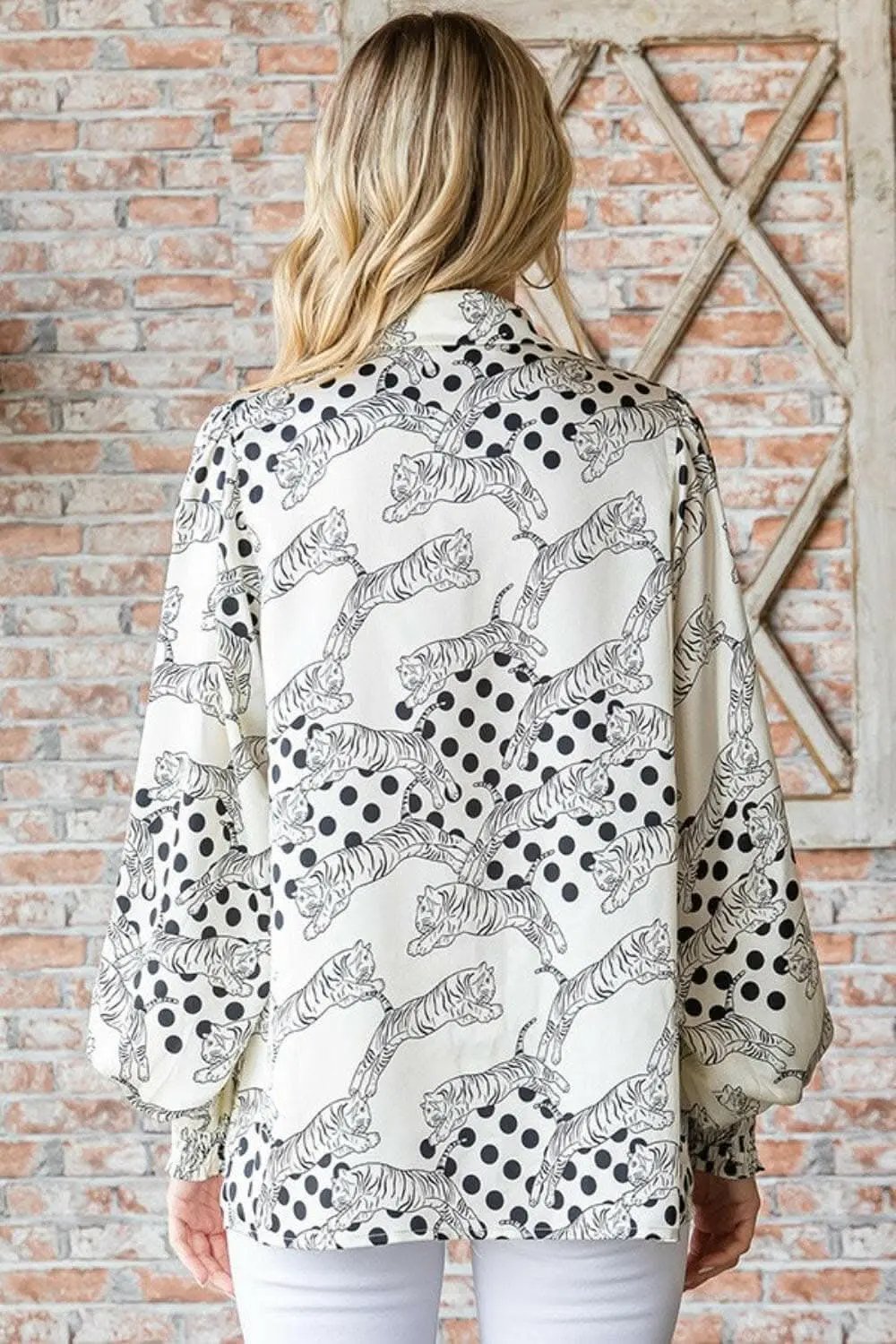 Long Sleeve Top - Tiger Print - Collared Neck