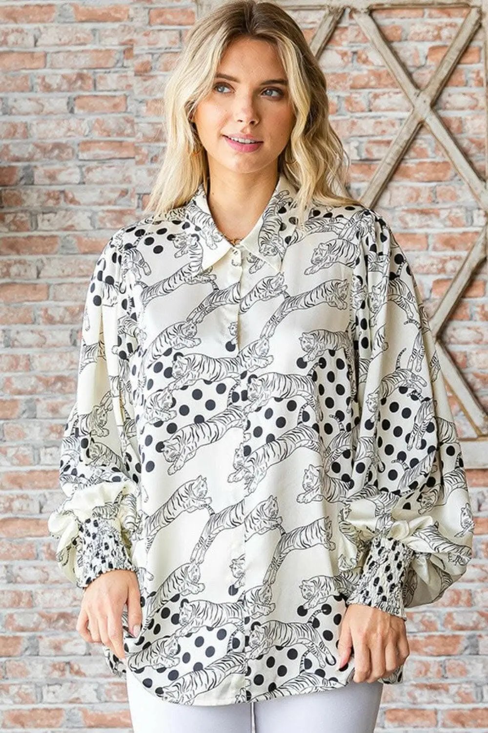 Long Sleeve Top - Tiger Print - Collared Neck