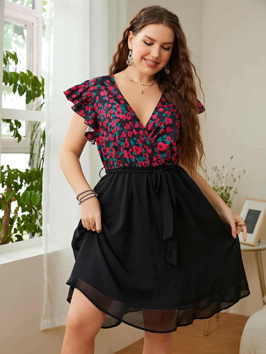 Trendsi Floral Plus Size Women's Dress Flutter Sleeve Comfy Fit