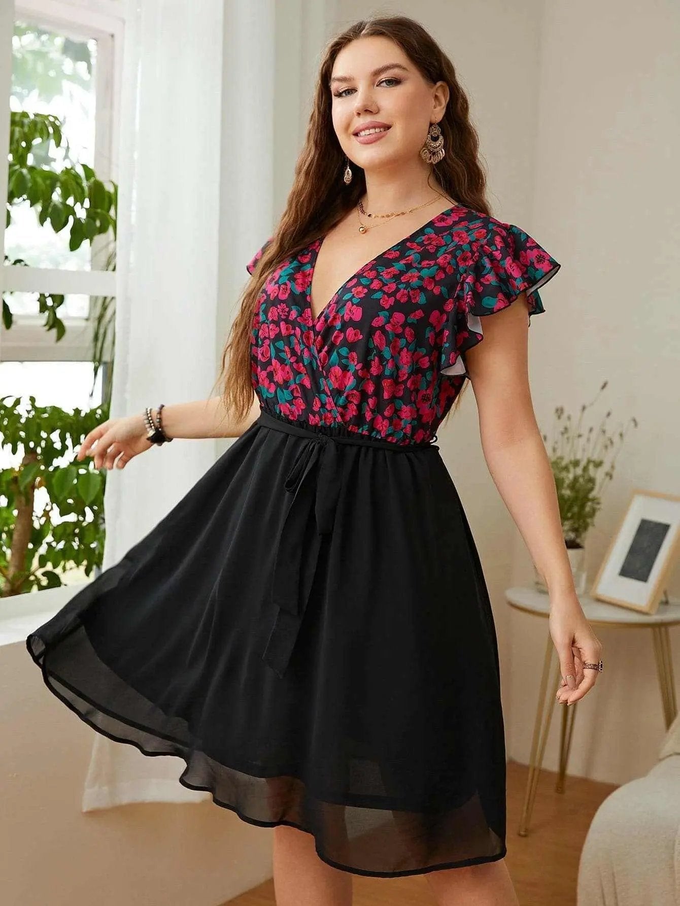 Trendsi Floral Plus Size Women's Dress Flutter Sleeve Comfy Fit