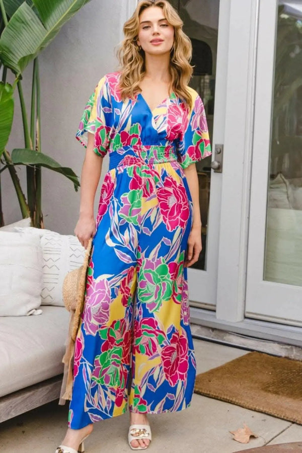 Trendsi just arrived - Floral Smocked Back-Tie Jumpsuit for Plus Size