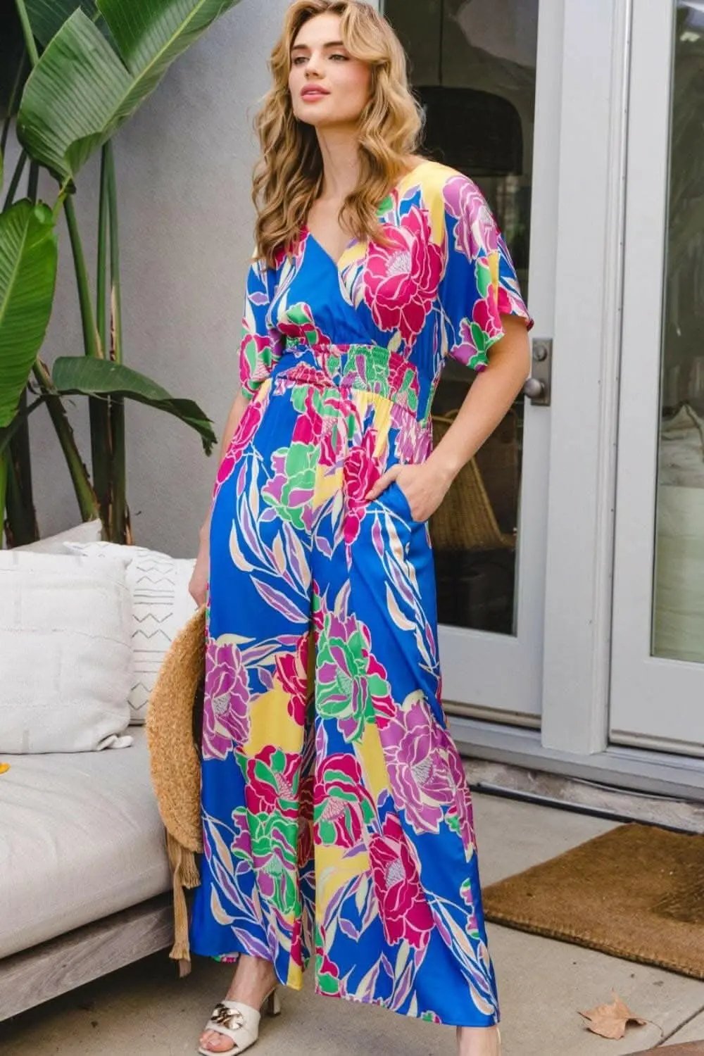 Trendsi just arrived - Floral Smocked Back-Tie Jumpsuit for Plus Size