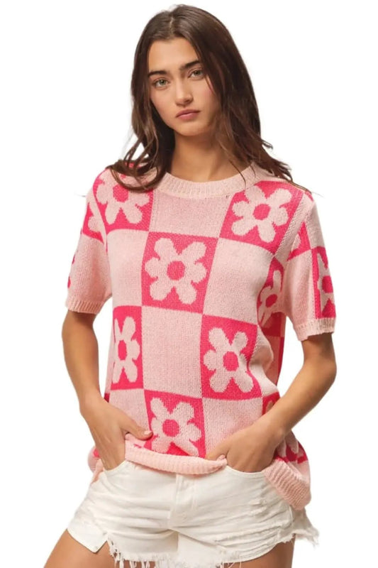 Women's Sweater - Floral Checker Soft Knit - Short Sleeve Top