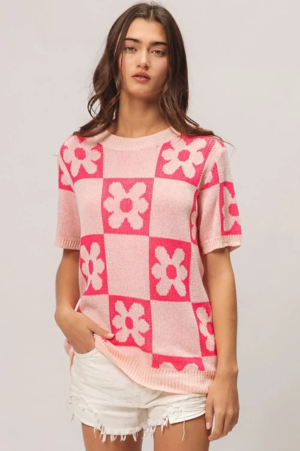 Women's Sweater - Floral Checker Soft Knit - Short Sleeve Top