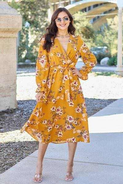 Dress - Floral Flounce Sleeve Tie-Back - Trendy