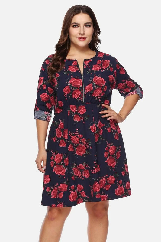 Trendsi plus - Floral half zip dress for curves