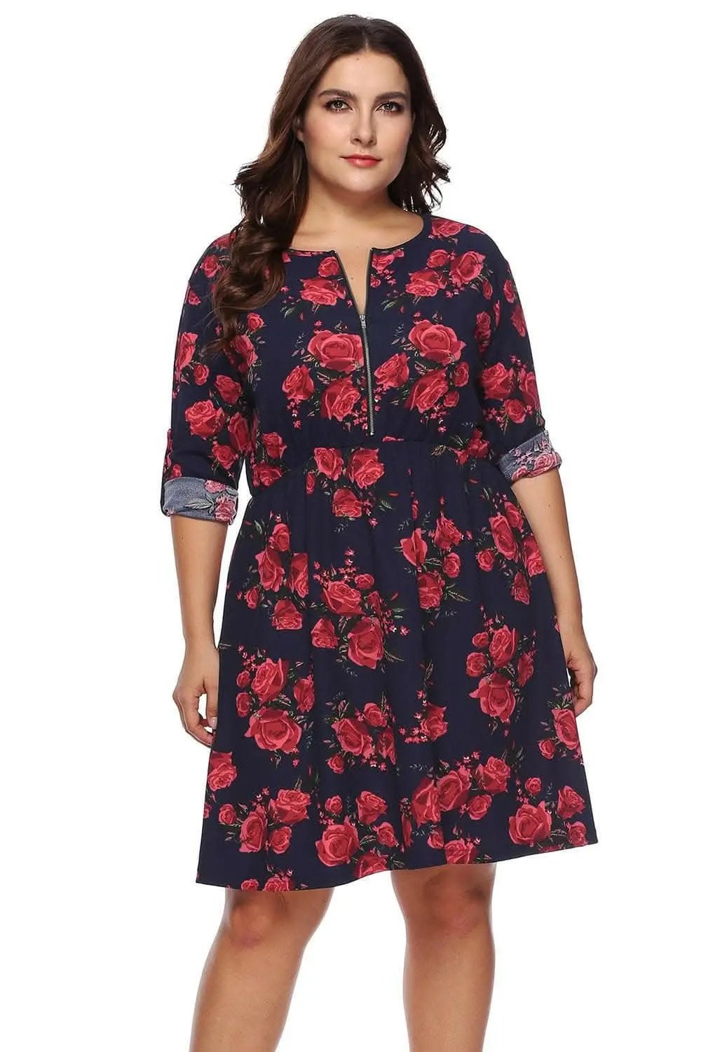Trendsi plus - Floral half zip dress for curves