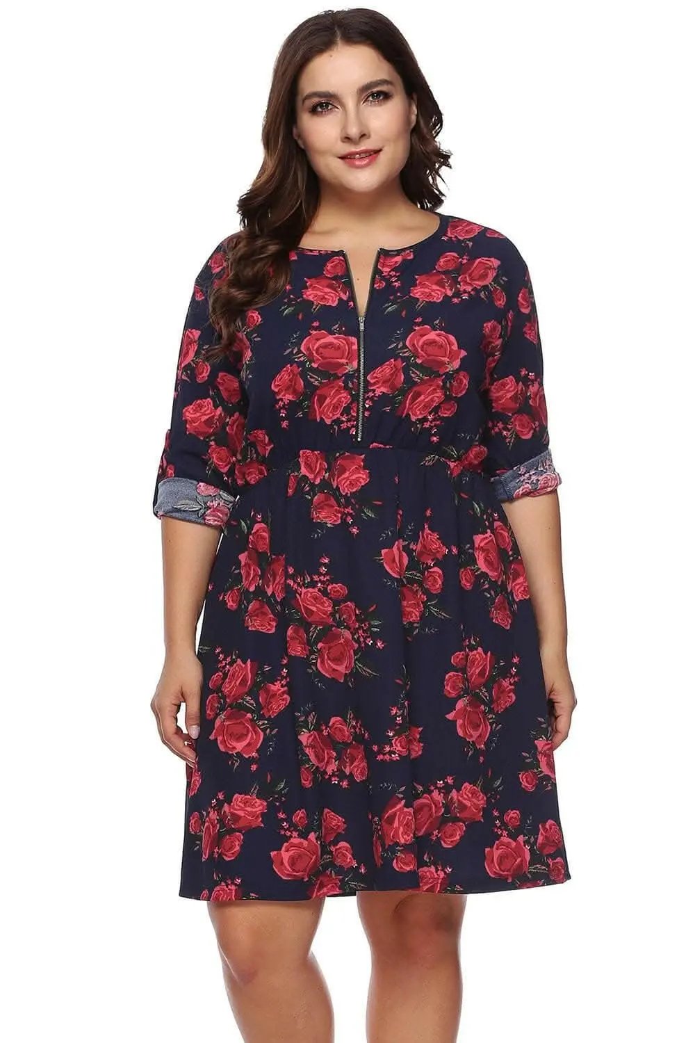 Trendsi plus - Floral half zip dress for curves