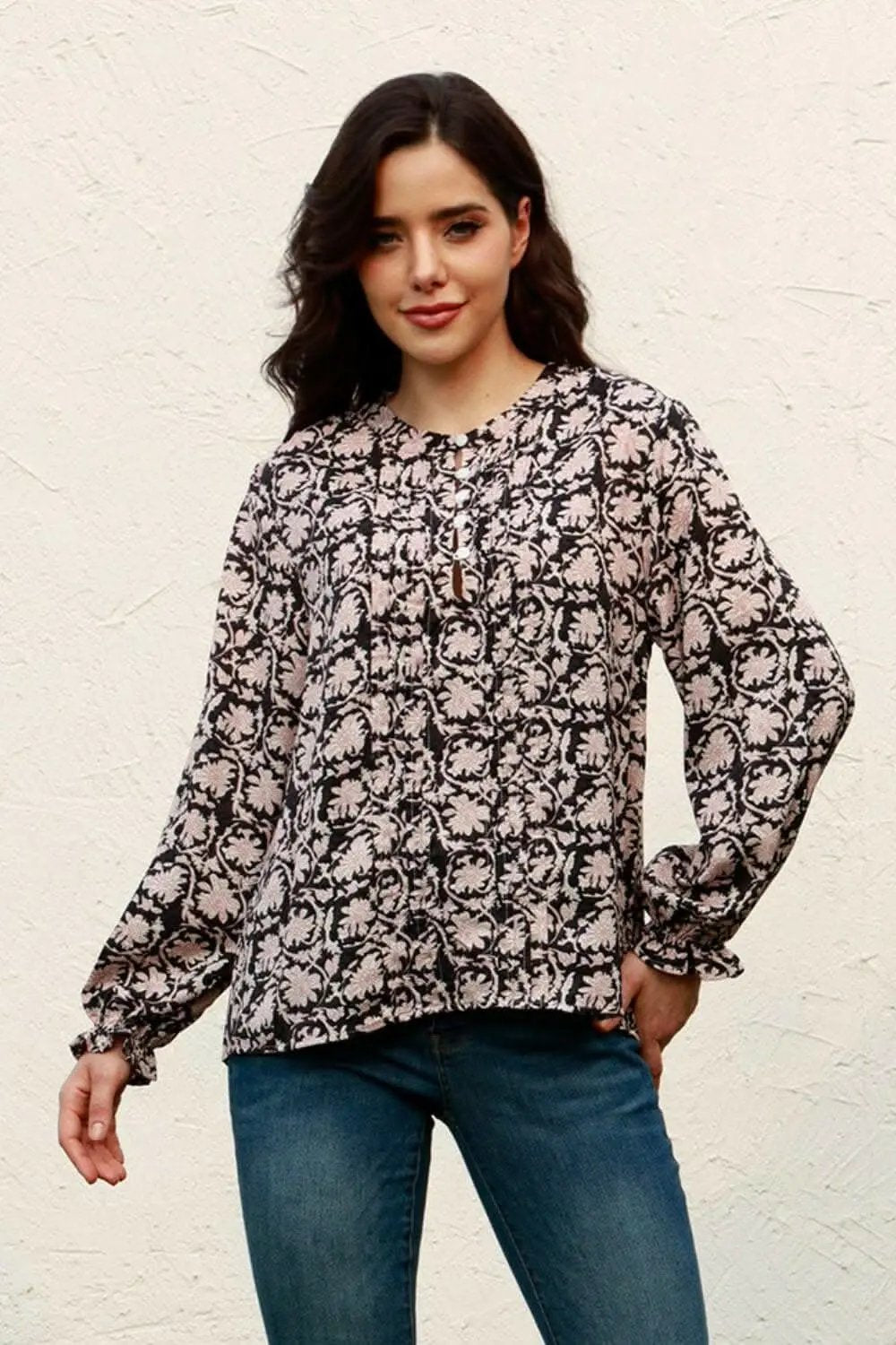 Trendsi Floral round neck blouse with flounce sleeves