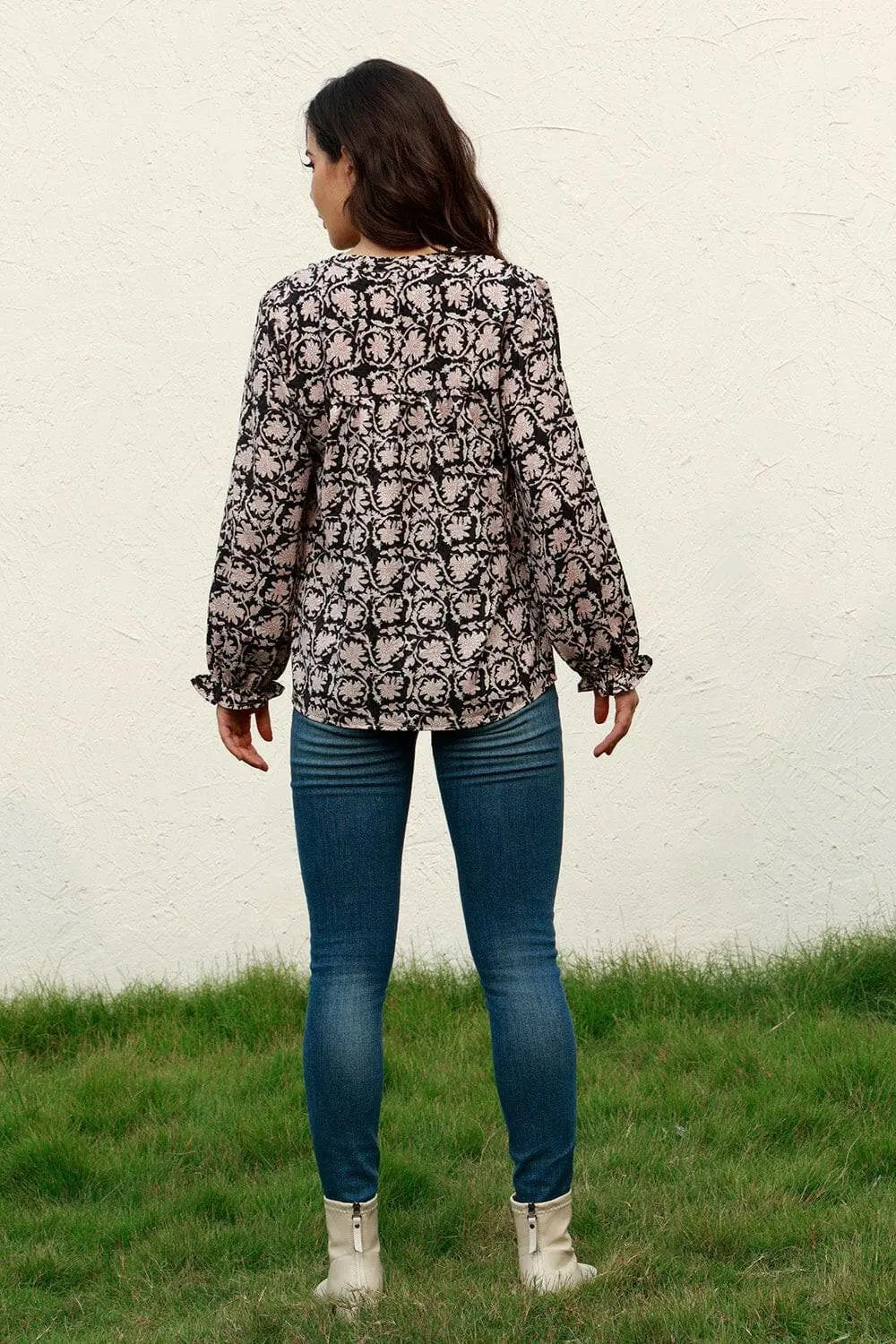 Trendsi Floral round neck blouse with flounce sleeves