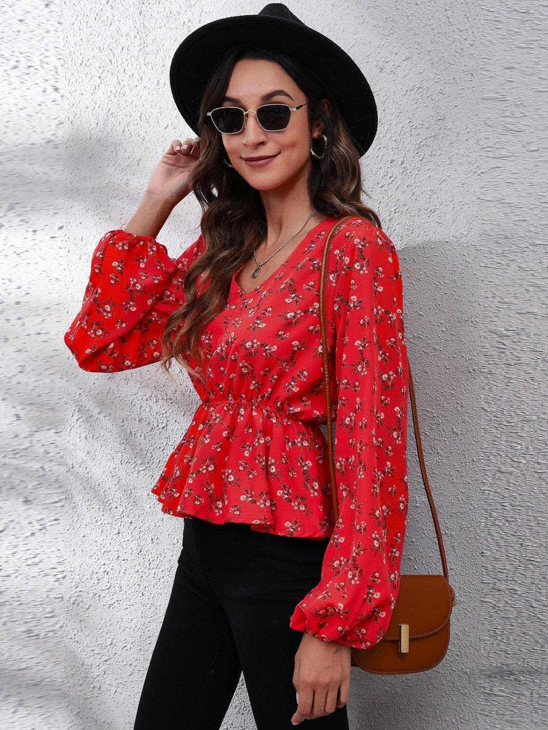 Trendsi Floral V-Neck Blouse Women's Chic Top Balloon Sleeve Peplum