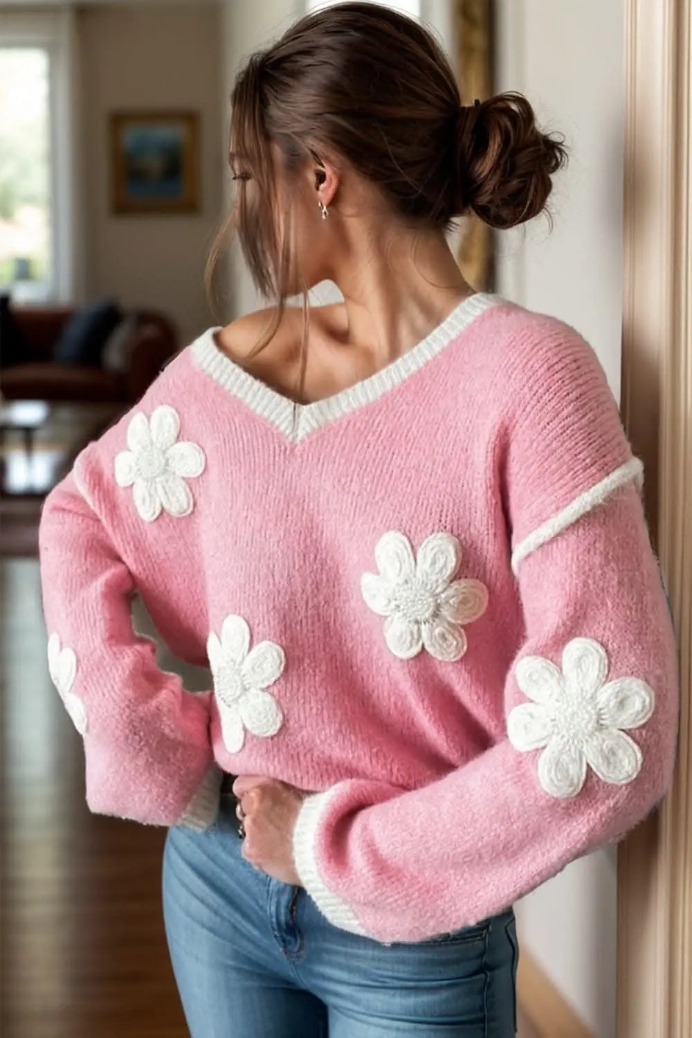 Trendsi Floral v-neck dropped shoulder sweater