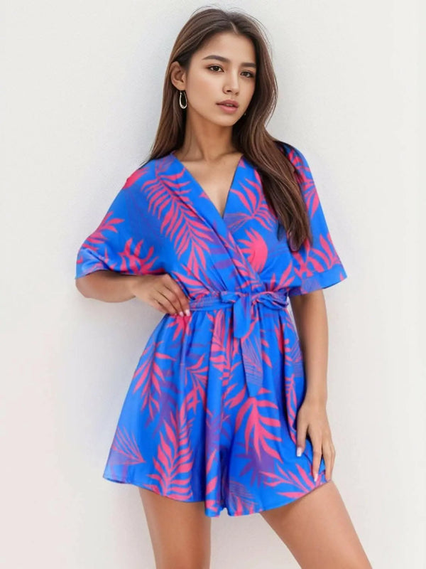 Trendsi Floral Romper Women's Casual V-Neck Short Sleeve Cute Jumpsuit
