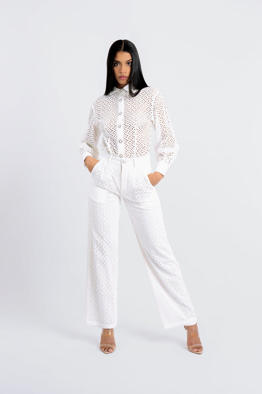 Florence White Eyelet Two-Piece Pants Set