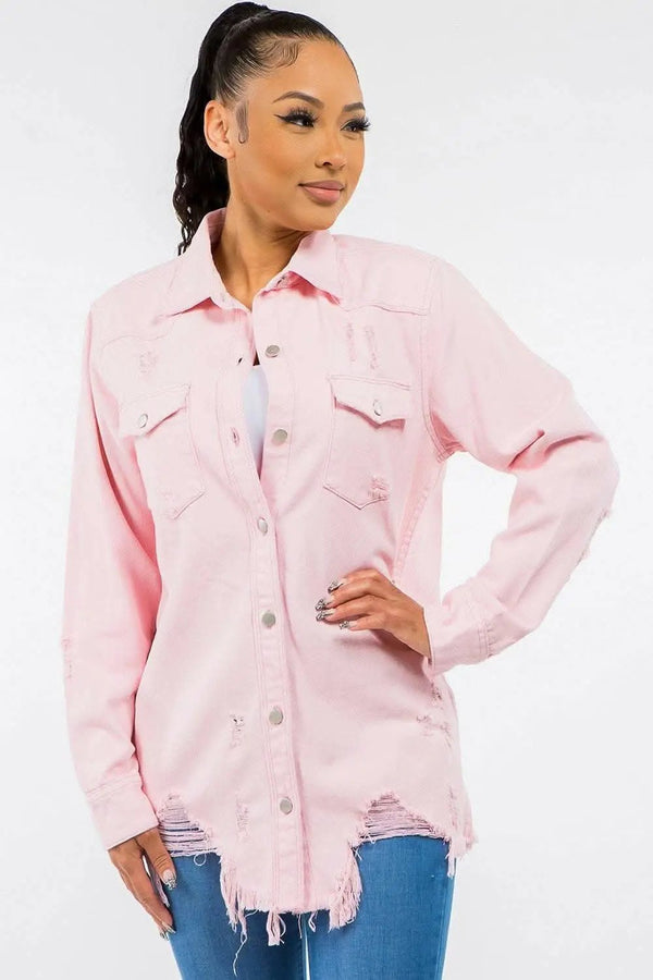 Trendsi Frayed Edge Distressed Denim Jacket Women's Stylish Jeans Jacket - Premium