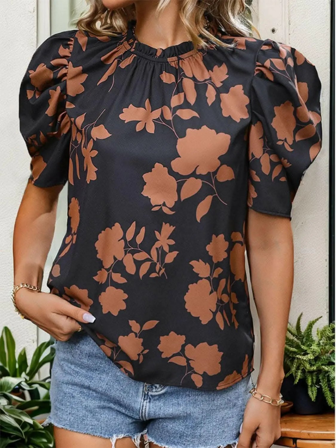 Trendsi Frill Puff Sleeve Blouse Women's Printed Design Top - Cute & Stylish