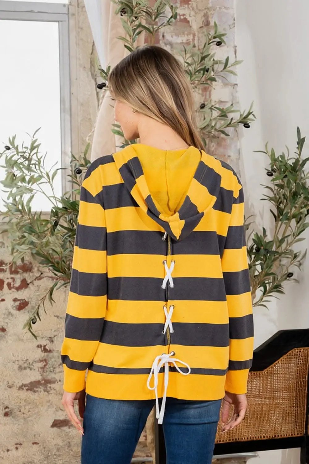 Women's Striped Hoodie - Drawstring Long Sleeve - Casual