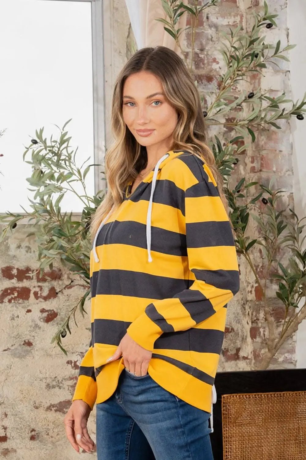 Women's Striped Hoodie - Drawstring Long Sleeve - Casual