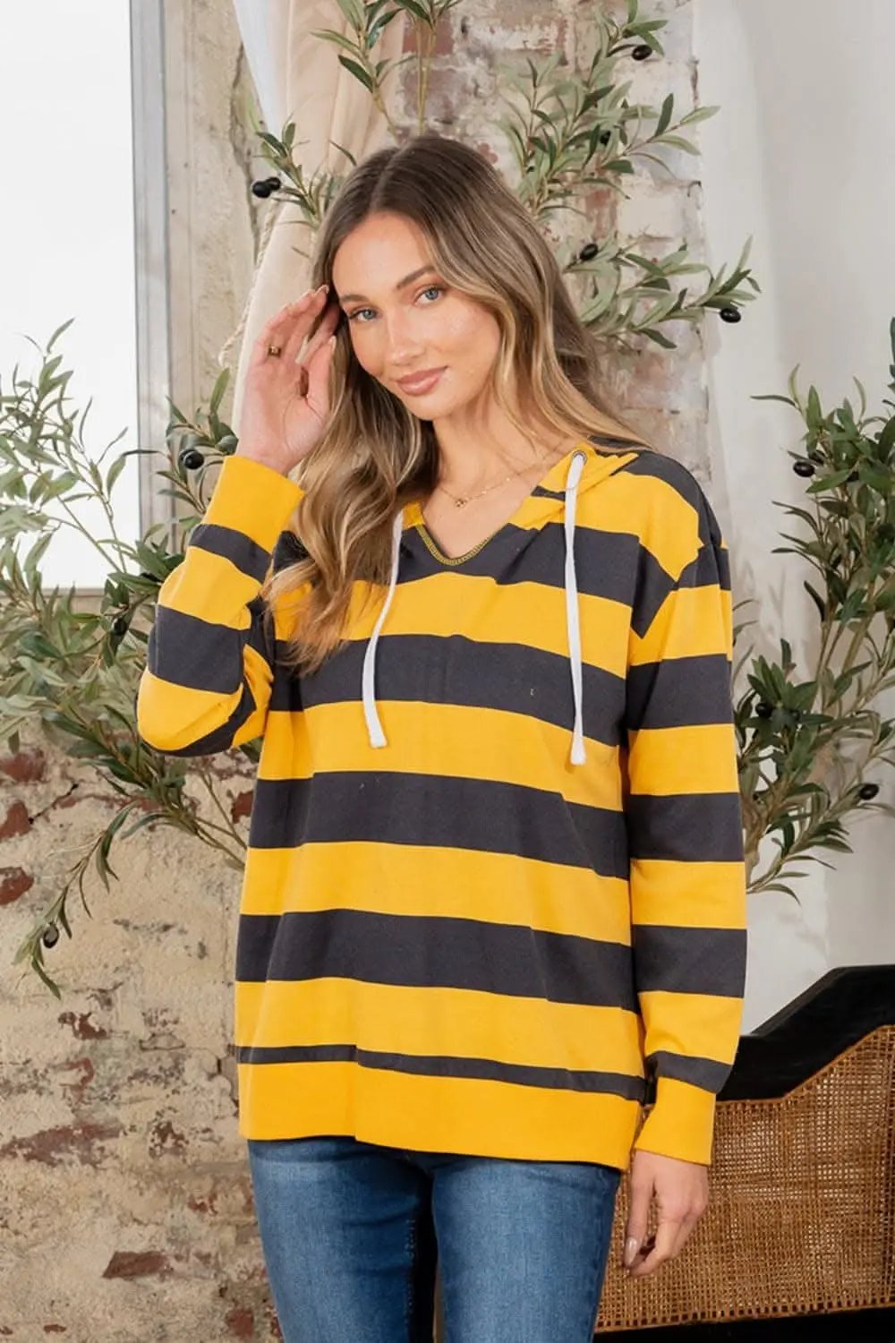 Women's Striped Hoodie - Drawstring Long Sleeve - Casual