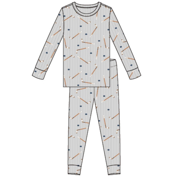 Petite Lem - Long Sleeve Top & Pants Pajama Set, Light Grey Hockey