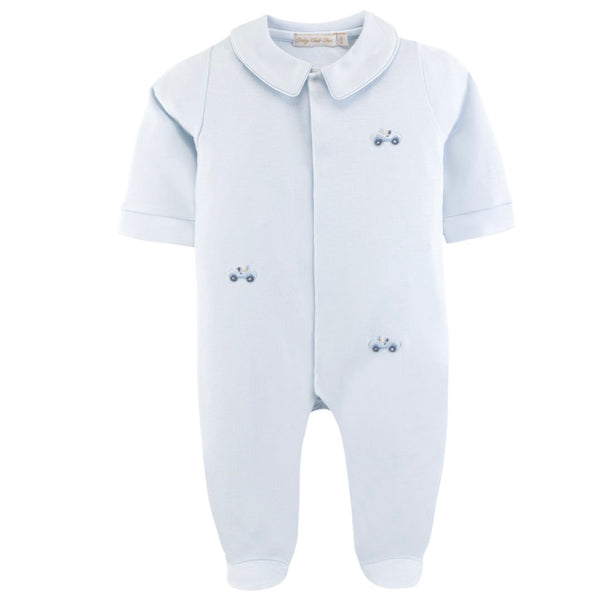 Baby Club Chic - Cars All-over Embroidered Pima Collared Footie, Light Blue
