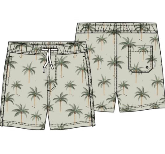 Petite Lem - Woven Swim Trunks, Light Green Palm Trees