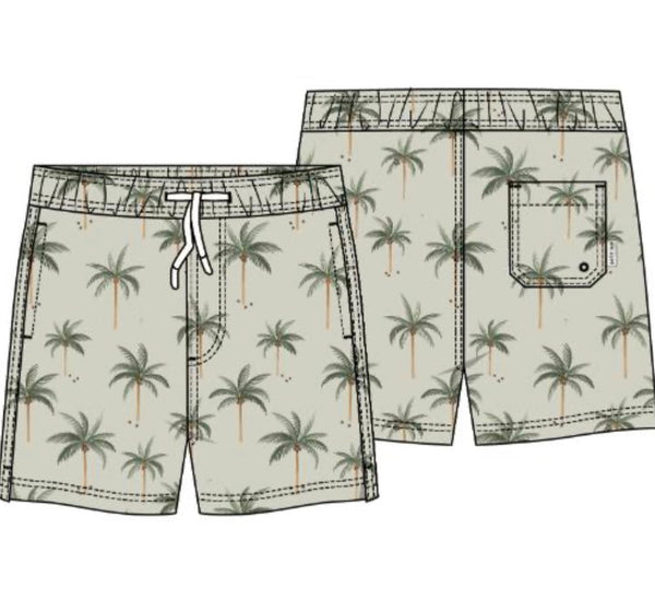 Petite Lem - Woven Swim Trunks, Light Green Palm Trees